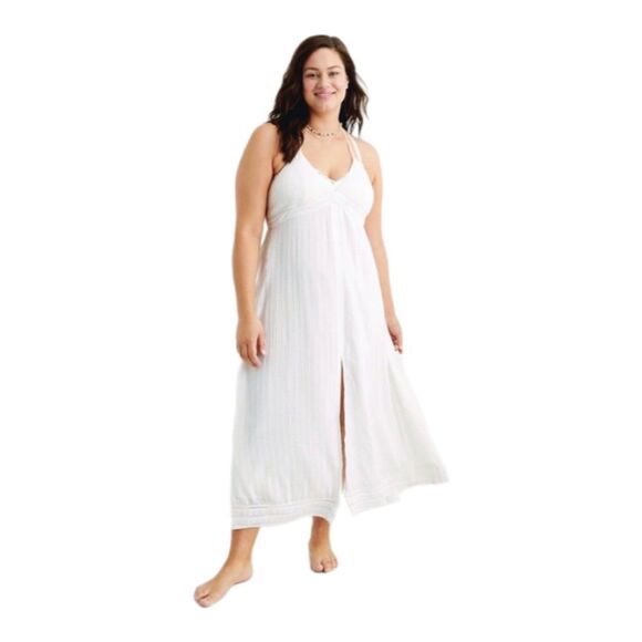 AERIE Front Slit Maxi Dress Low Backless Beaded T Back White - Picture 1 of 13